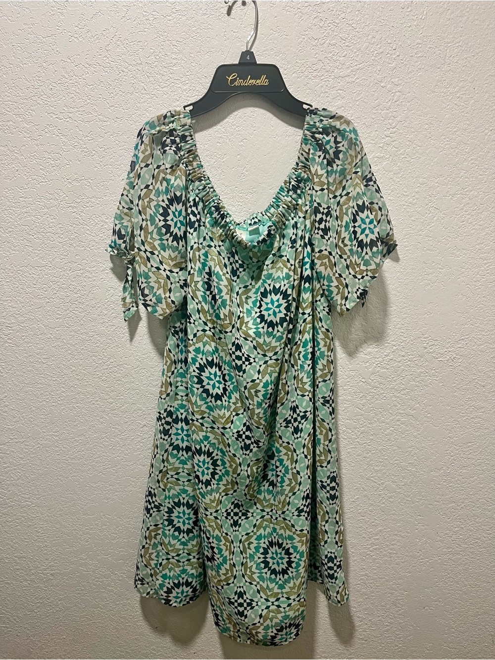 Tacera Aqua and Teal Geometric Peasant Off-The-Shoulder Dress